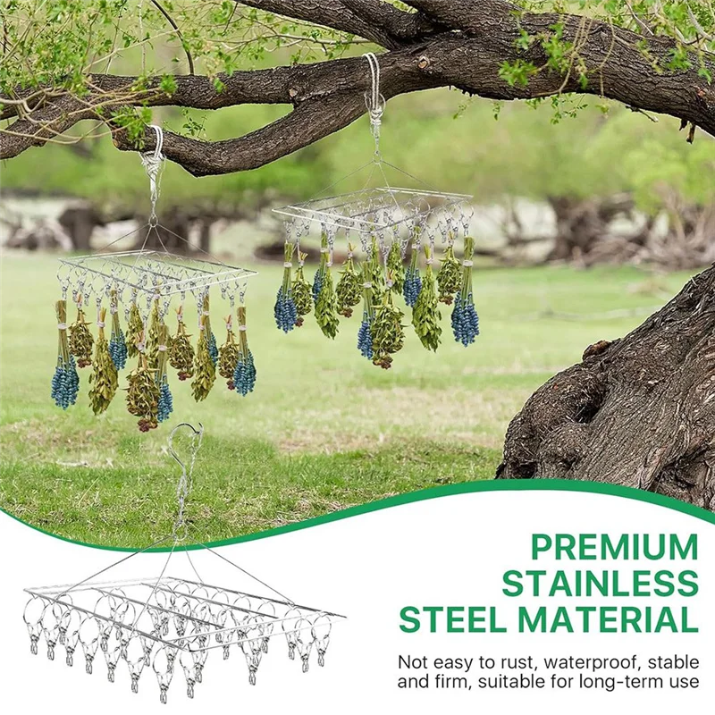 -WSFS Space-Saving Hanging Herb Drying Rack-4-Pieces Stainless Steel, Includes 30 Hooks For Fresh Herbs