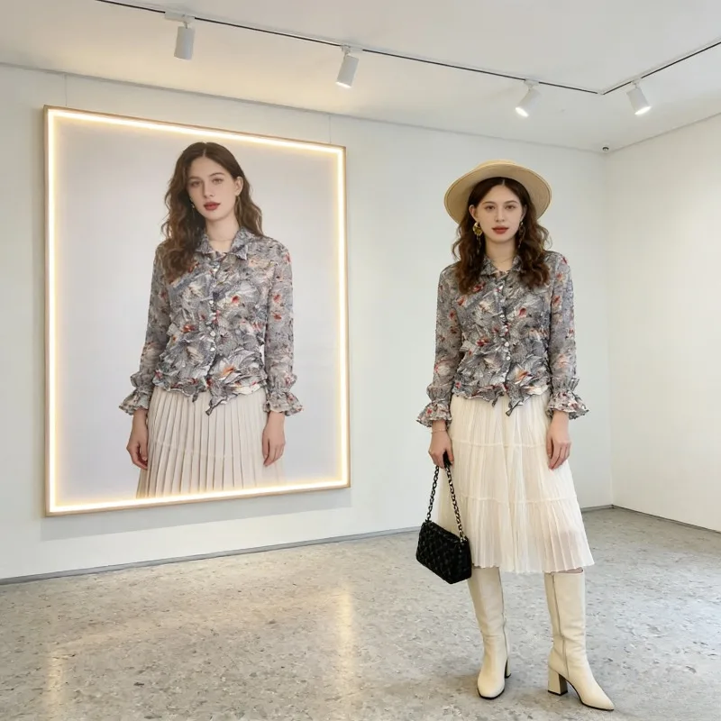 

Новая плиссированная рубашка Miyake весна 2026: легкая женская блузка с длинным рукавом, цветочным принтом, приталенная, в стиле ретро, плиссированный топ-кардиган