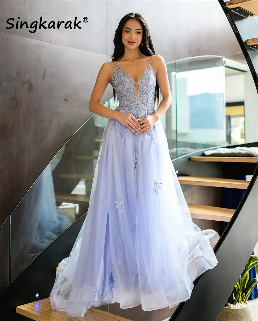 

Blue Luxury Women's Evening Dresses 2025 Beading Lace Straps Side Split Wedding Party Dress Prom Gown Vestidos Customized