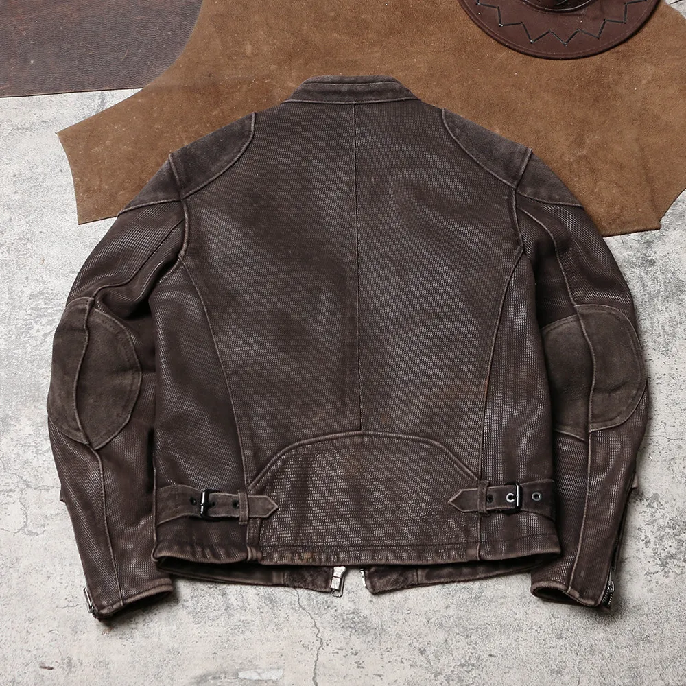Vintage Venom Imitation Texture Genuine Leather Jacket, Dirty Distressed Stand Collar Biker Coat Matte Cowhide Genuine Outerwear