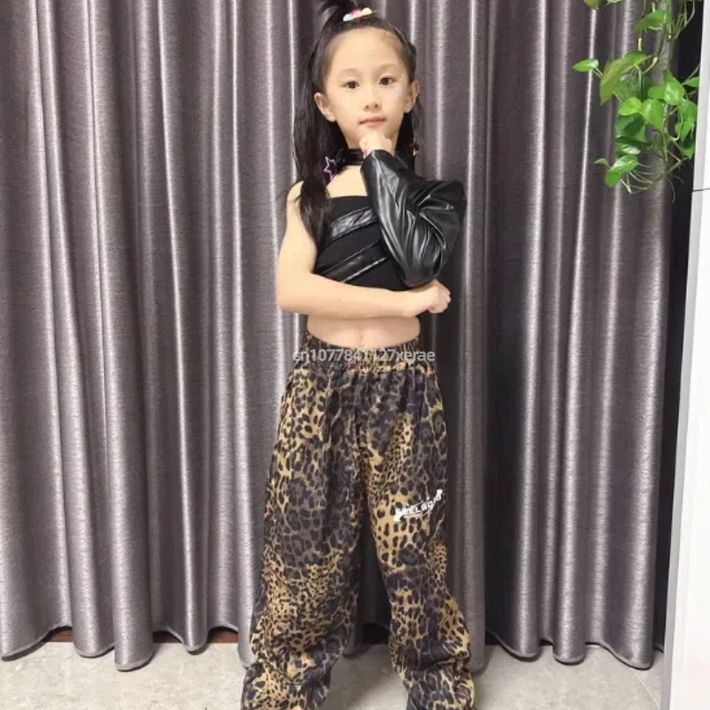 Girls' Jazz Dance Costume Black Strap Black Leather Half Sleeve Leopard Pattern Pants Girls' Street Dance Show Costume Set