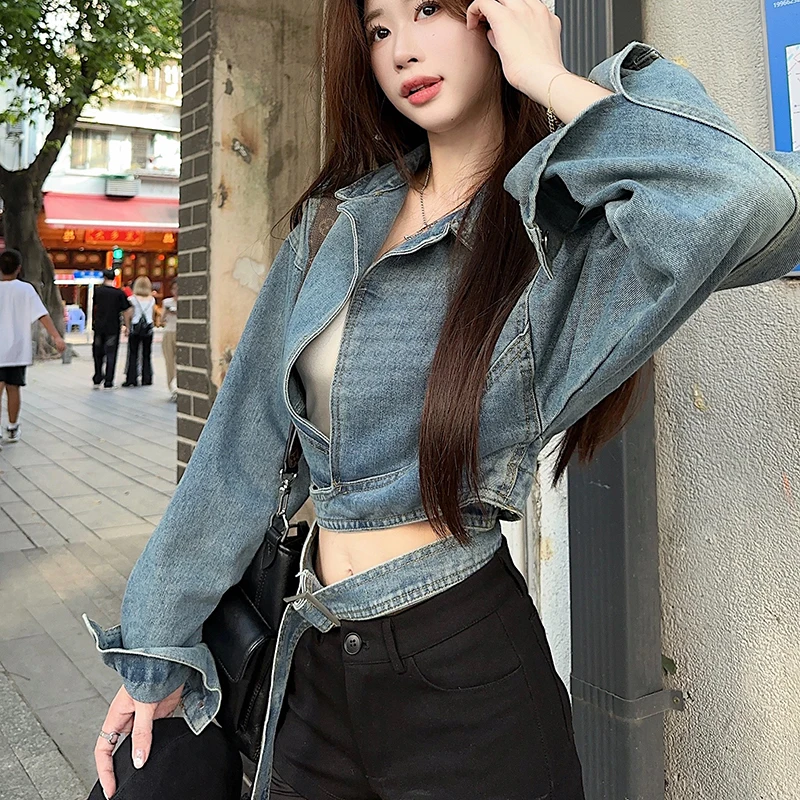 Vintage Turn-Down Collar Criss-Cross Jeans Jacket Coat Women Long Sleeve Denim Coat Cropped Tops