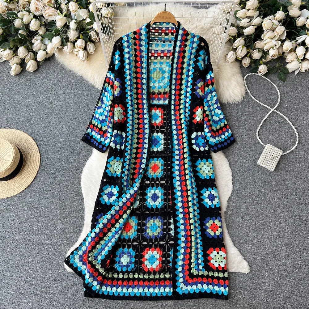 Spring Fall Vintage Bohemian Floral Jacquard Crocheted Cardigan Hollow Flowers Hooked Knitted Sweater Coat Long Sleeve Cape Tops