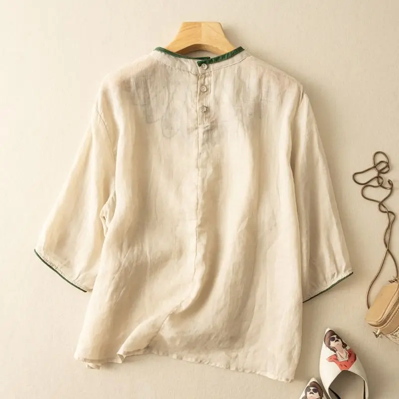 M-3XL Blouses Women Boho Summer Trendy Vintage Simple Embroidery Graceful Ladies Camisas Loose All-match Three Quarter Design