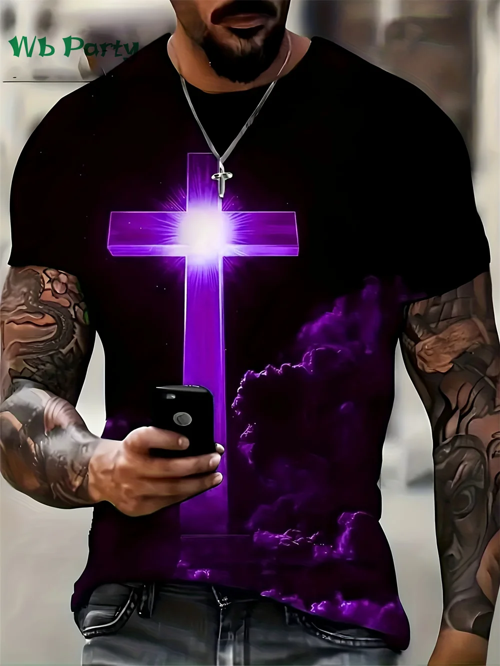 Redemption Night Crucifix Pattern Print T-shirt Short Sleeve Tee Men\'s Oversize T-shirt Crucifix Print Clothes Graphic T shirts