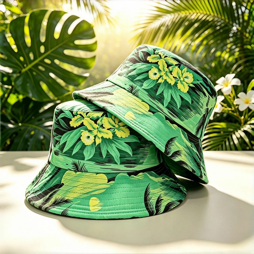Tropical Hawaiian Style Bucket Hat Green Hibiscus Flower Palm Tree Leaf Print Fisherman Cap Foldable Casual Sun Hat For Beach Tr