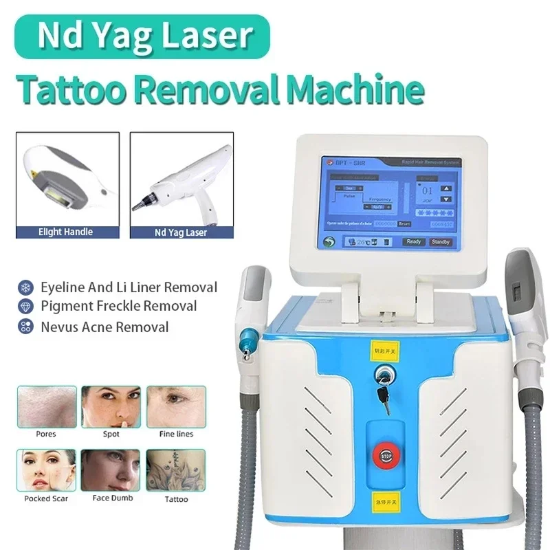 Fábrica 2 em 1 multifuncional ipl cabelo remoção permanente rfskin rejuvenescimento nd yag laser tatuagem pigmento remoção máquina de beleza