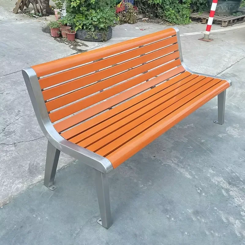 Outdoor Wood and Stainless Steel Bench with Backrest Long Chair Furniture Seating for Park Patio Gym for Wood Plastic