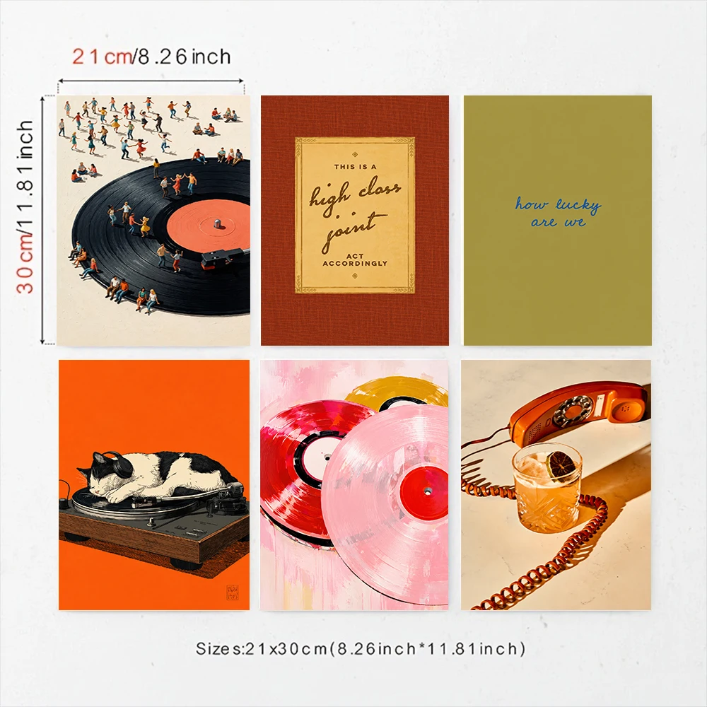 Set of 6 Retro Music Vinyl Cat Turntable Telephone Abstract Pop Art Wall Decor Canvas Poster Vintage Aesthetic Home Living