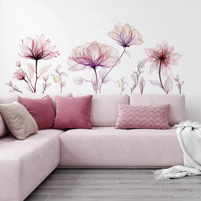 Pink Flowers Wall Stickers for Living Room Bedroom Background Wall Decor Girls's Room Home Decorative Stickers Wall Decals Mural