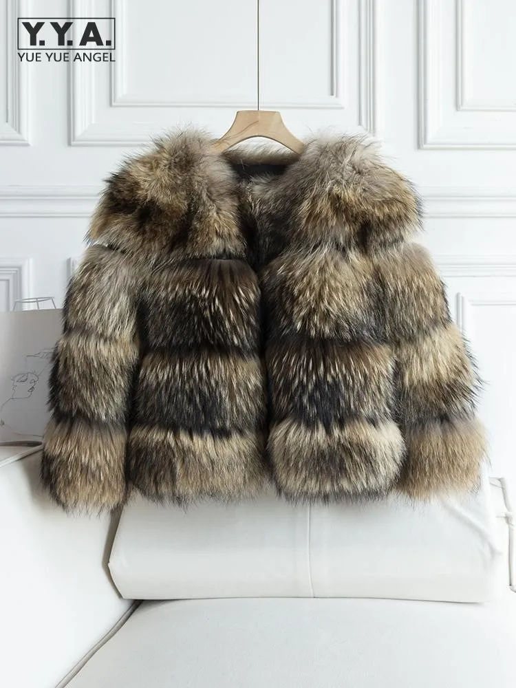 Winter Elegant Female Covered Button Thicken Keep Warm Raccoon Fur Coat Patchwork Genuine Leather Wide Waisted Fashion Women