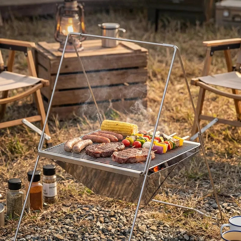 Outdoor Camping Stainless Steel BBQ Grill, Charcoal Stove, Fire Pit, Portable & Foldable