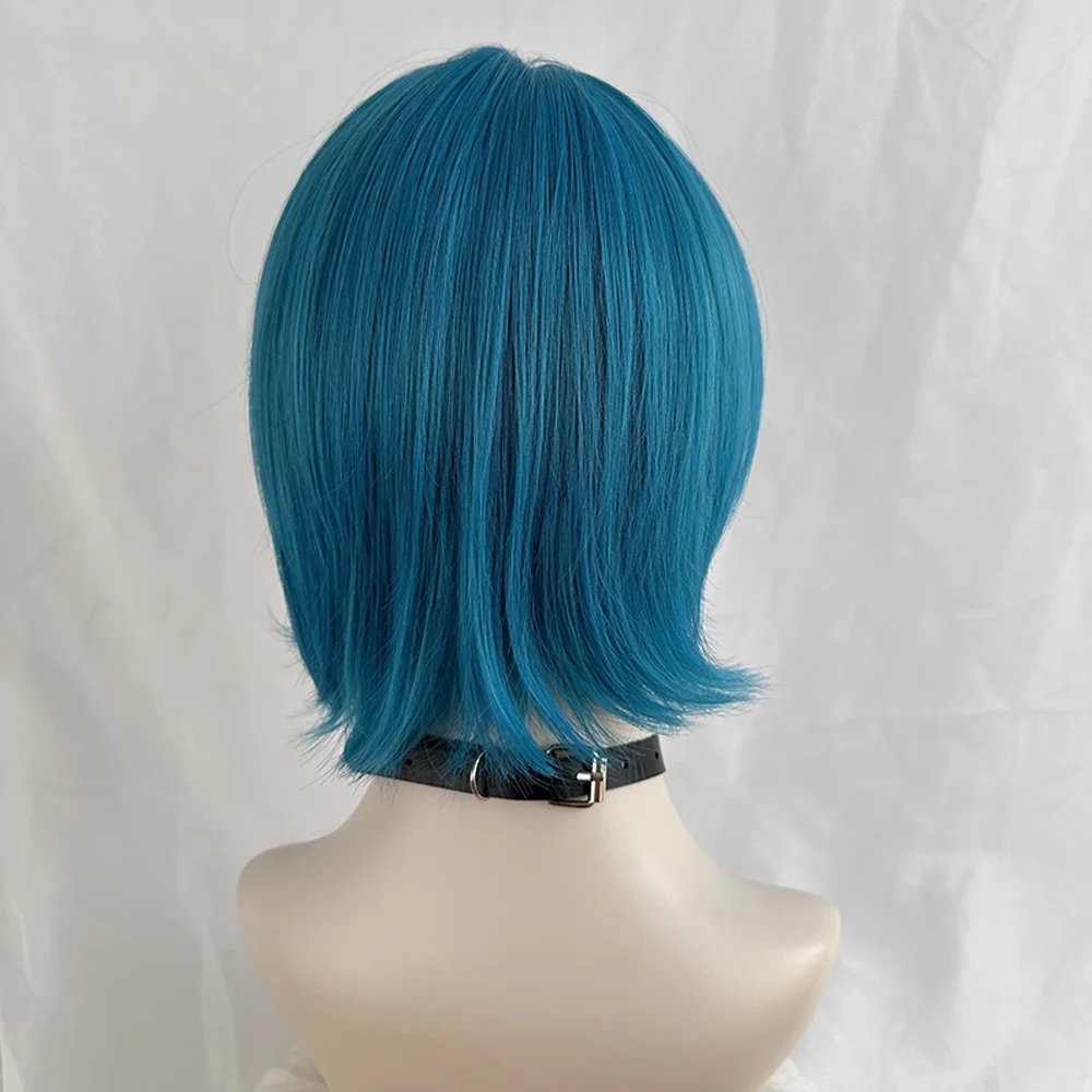 Short Blue Synthetic Straight Women Wig with Bangs Fluffy Lolita Cosplay Wig Heat Resistant for Daily Party