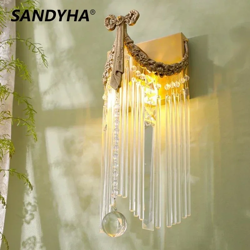 SANDYHA Crystal Tassel Wall Lamps Retro Copper Night Lights Living Room Bedroom Bedside Study Corrider Led Lighting Fixtures