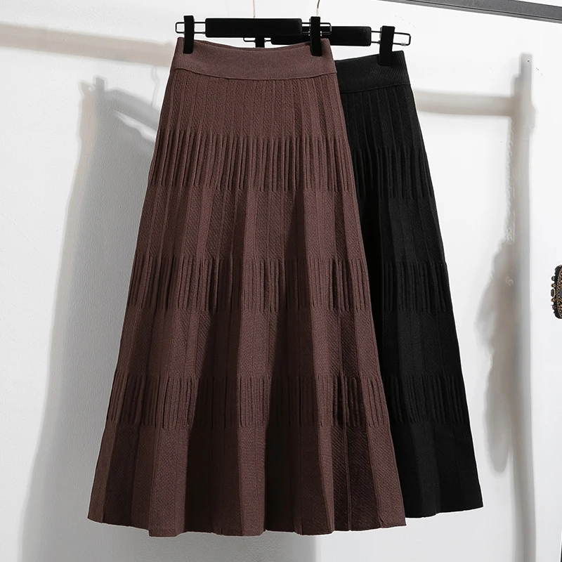 Casual High Waist Loose Knit Pleated A-line Long Skirt Korean Fashion Streetwear Basics Autumn Winter Plus Size Elastic Clothing