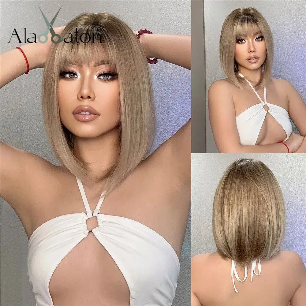 

Light Brown Short Bob Wig Straight Synthetic Wigs with Bangs Ombre