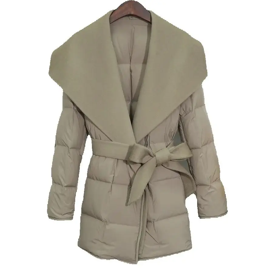 

2025 г., женский двусторонний шерстяной пуховик на шнуровке, с завязкой на талии, утепленное пальто на гусином пуху, средней длины