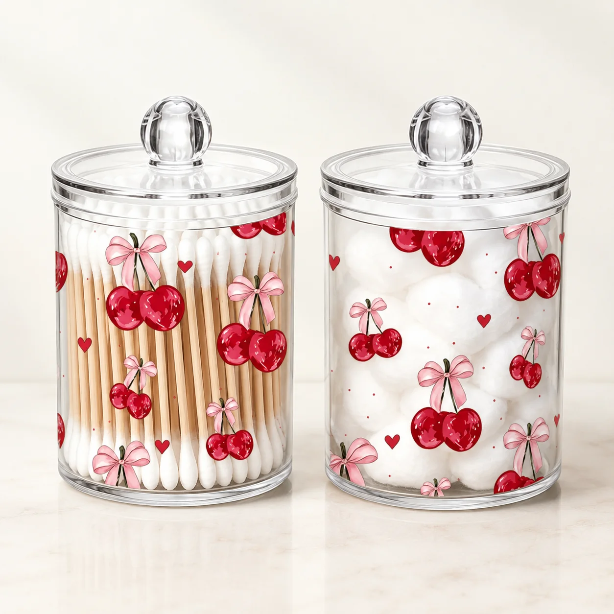 Support à coton-tiges en acrylique transparent imprimé cerises avec couvercle, organisateur anti-poussière pour cotons-tiges et tampons de coton pour la salle de bain féminine