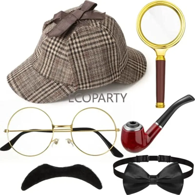 6 Pcs Detective Costume Accessories Set Detective Hat Pipe Magnifying Glass Bow Tie Fake Mustache Lensless Glasses for Role