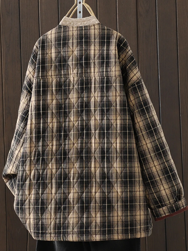 Jaket Wanita Katun Retro Artistik, Model Bulat, Hangat, Motif Kotak-kotak, Kancing Tunggal, Musim Dingin, Baru, untuk Kerja, Tebal...