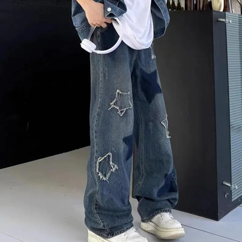 Fashion Y 2k Star Straight Wide Leg Jeans Youthful Woman Clothes Winter Hip Hop Yk2 Denim Baggy Pants Female Men Gothic Trousers