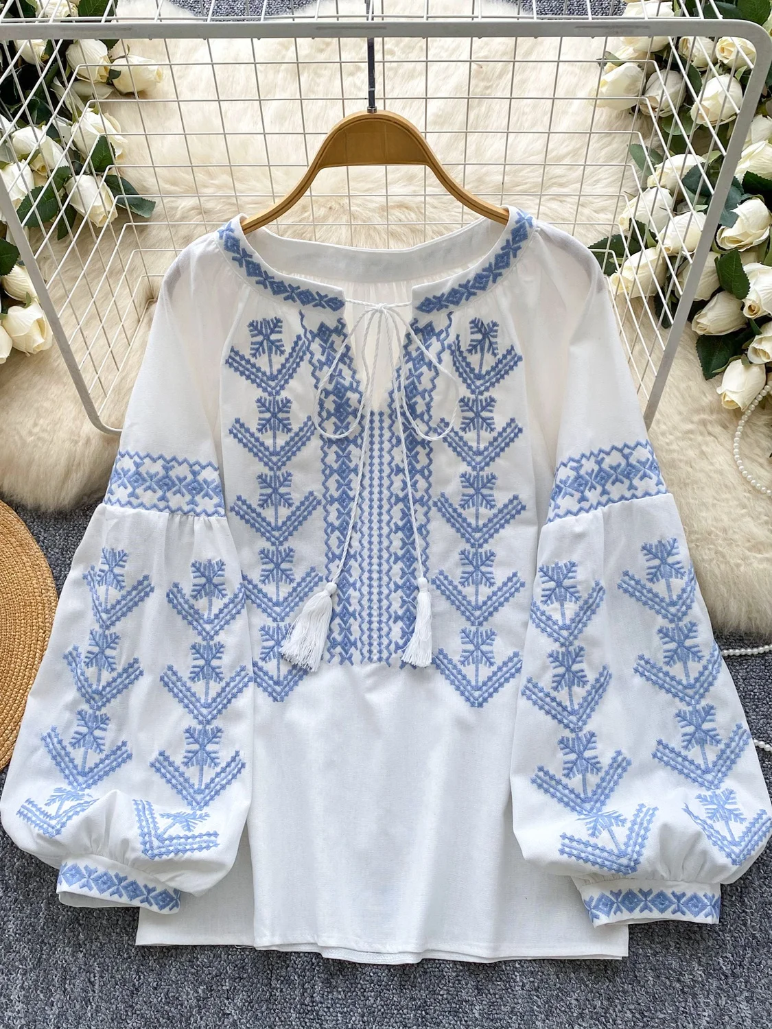 

Vintage Ukrainian Style Embroidered Shirt - Bohemian Long Puff Sleeve Loose Blouse for Summer Beach & Casual Wear