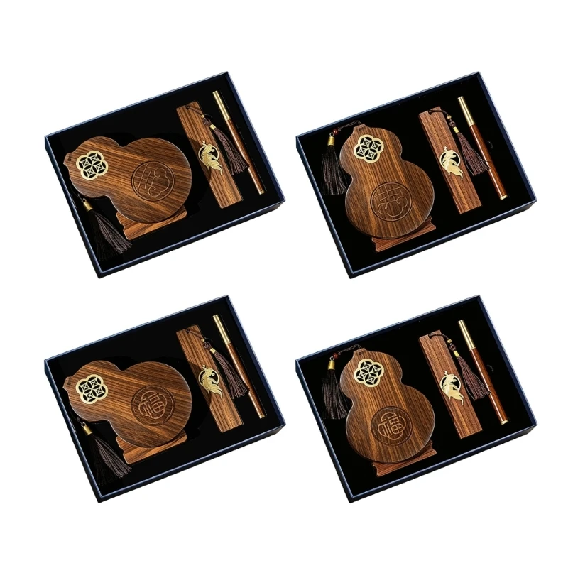 Wooden Desk Pen Stand Gift Set with Page Marker and Writing Pen, Chinese Storage Container for Office Study 896C