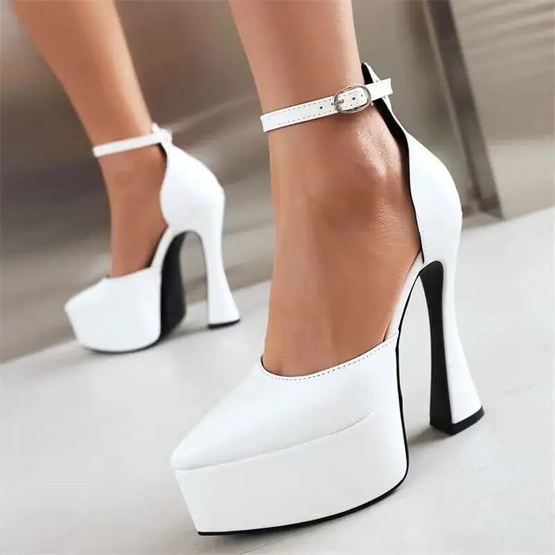 2023 High Quality Female Sandals Spring and Summer Fashion Thick High Heels Thick Soled Buckle Belt Pointy Walking Party Shoes