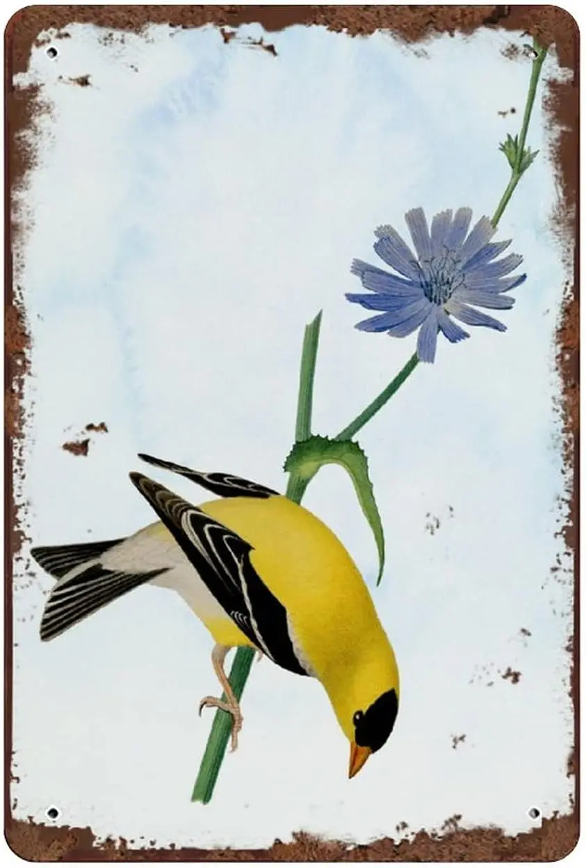 Vintage Goldfinch Vintage Tin Sign Wall Decor Bird Floral Sign Yellow and Blue Wall Art Decor Home Decor Office Sign 8x12 Inch