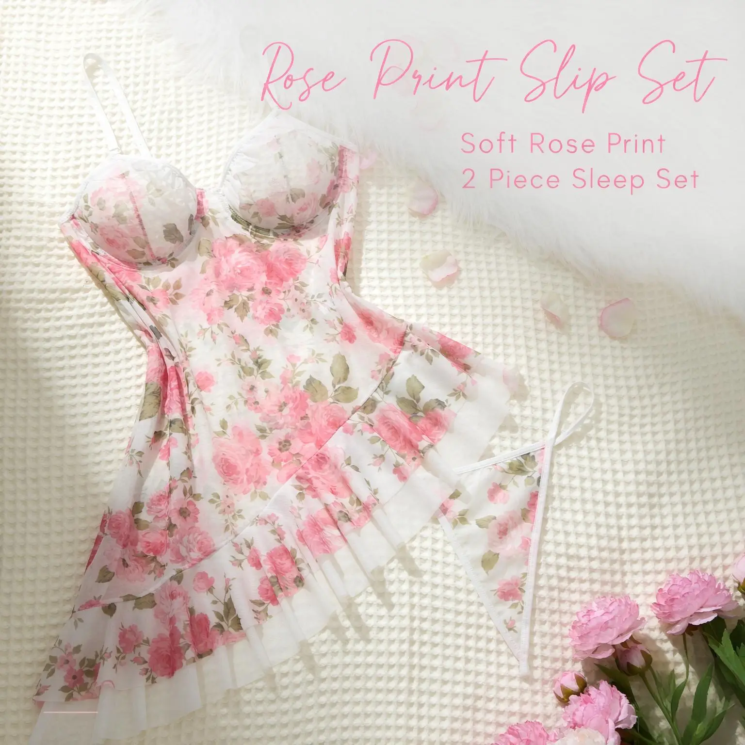 Women Rose Print Slip Nightgown Set Spaghetti Strap Lace Trim Sleepwear Dress and Matching Panty 2 Piece Set