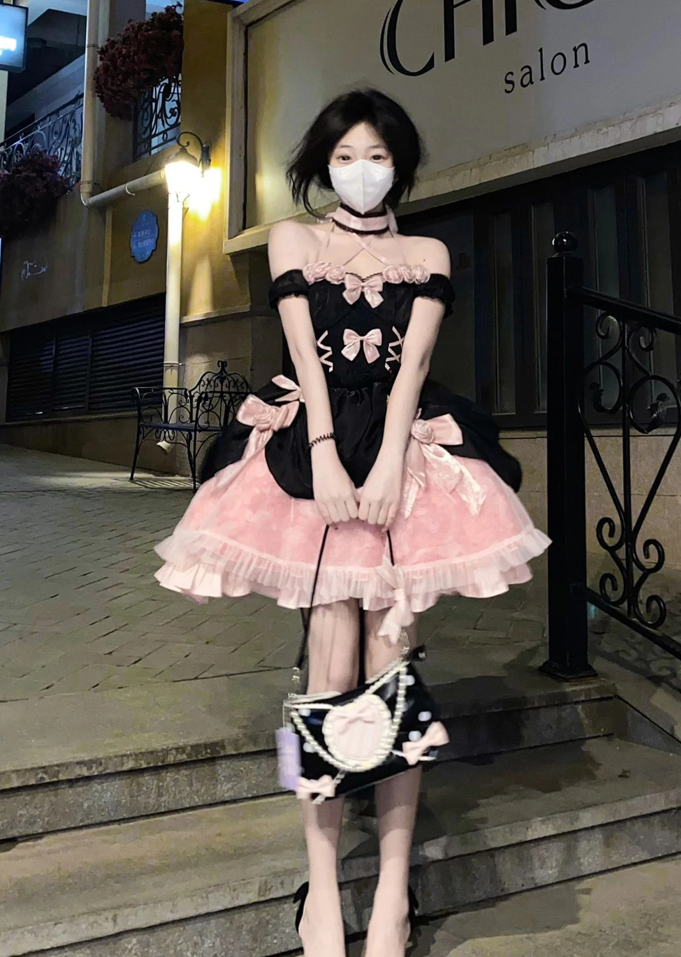 Black Powder Rose Ballet Style Lolita Dress Wedding Flower Princess Skirt Elegant Sweet Cute Polka Dot Polyester Fiber