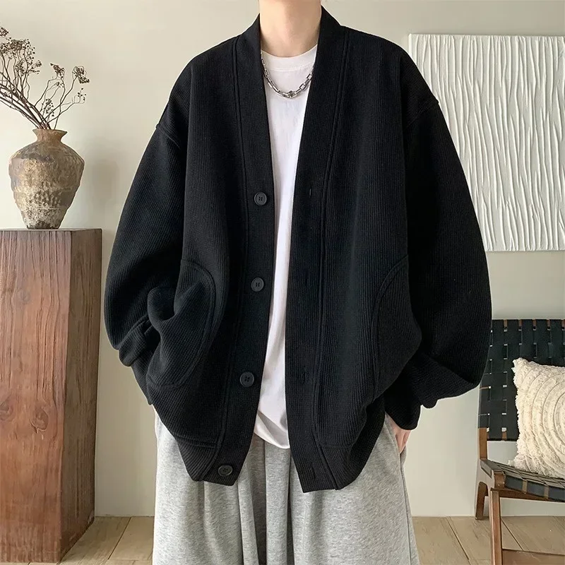 

2025 New Korean Fashion Cardigan For Men Autumn Solid Color Y2K Streetwear Sweatshirts Man Casual Vintage Loose Jackets Sweaters
