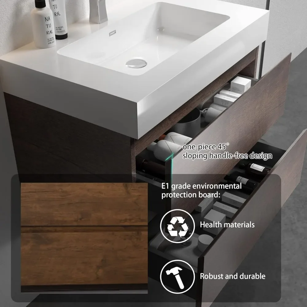 Vanity da bagno da 30 pollici con lavabo con troppopieno, ampio contenitore sospeso a parete, mobiletto per lavabo da bagno minimalista