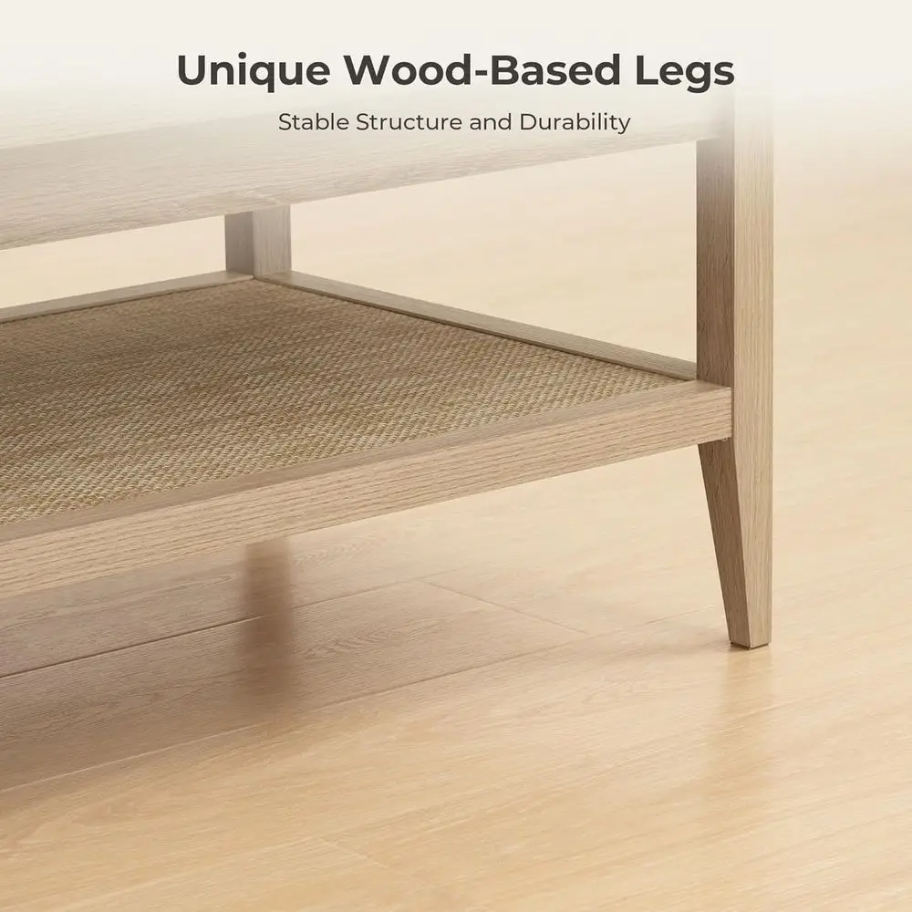 ボヘミアンシックな長方形の籐製コーヒーテーブル、2段収納付き、ライトオークのアクセントテーブル、リビングやホームオフィス用