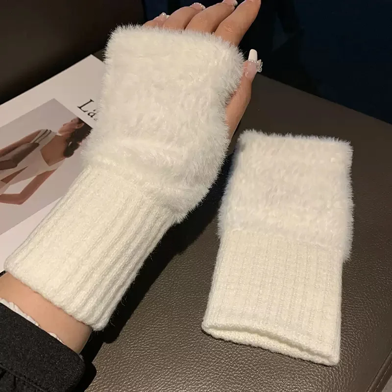 Guantes de medio Dedo de lana de visón suave para mujer, mitones de muñeca de punto de felpa blanco sólido de lujo cálido, Invierno