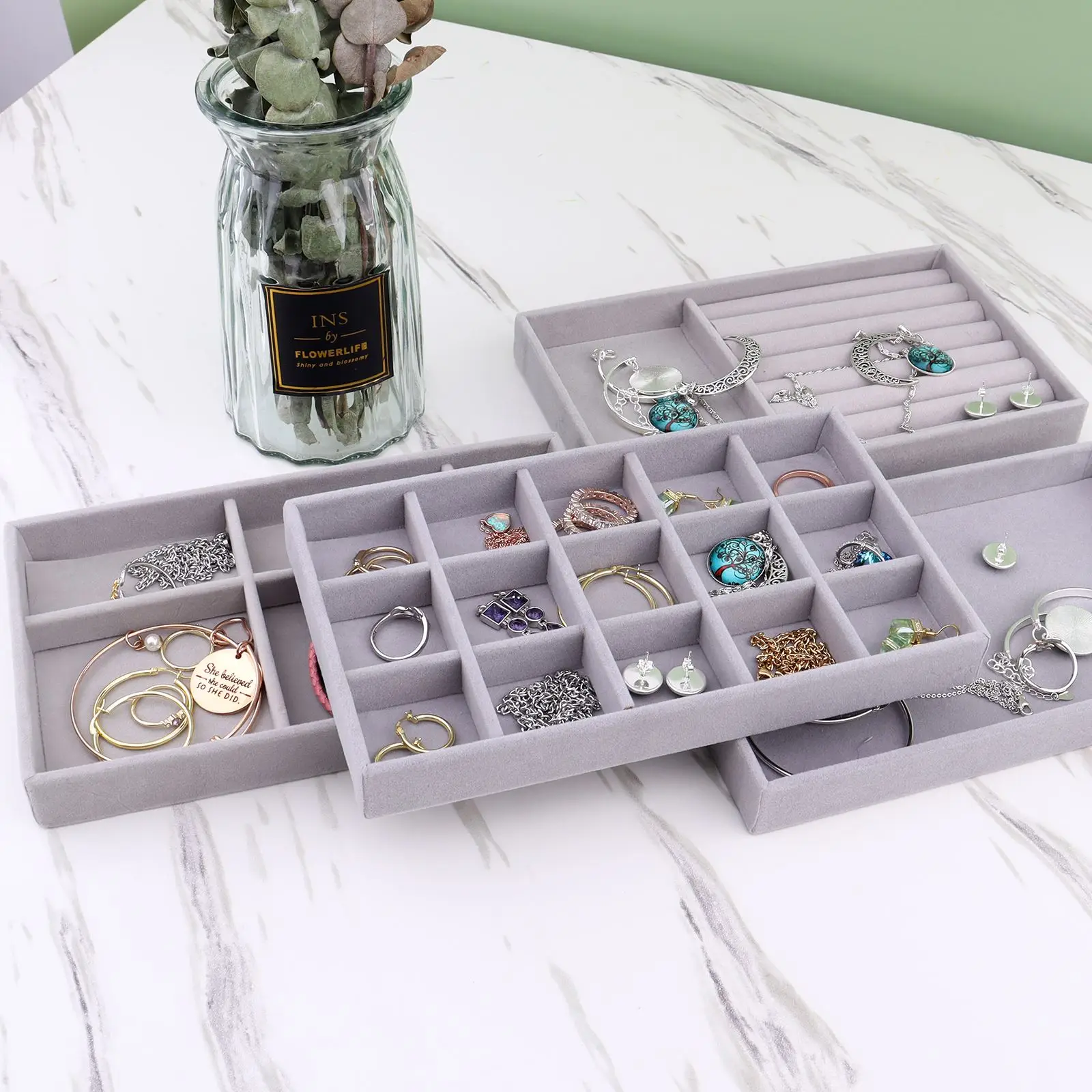 Velvet Jewelry Ring Storage Tray Jewelry Display Organizer Box Tray Necklace Holder Earring Jewelry Storage Case Showcase