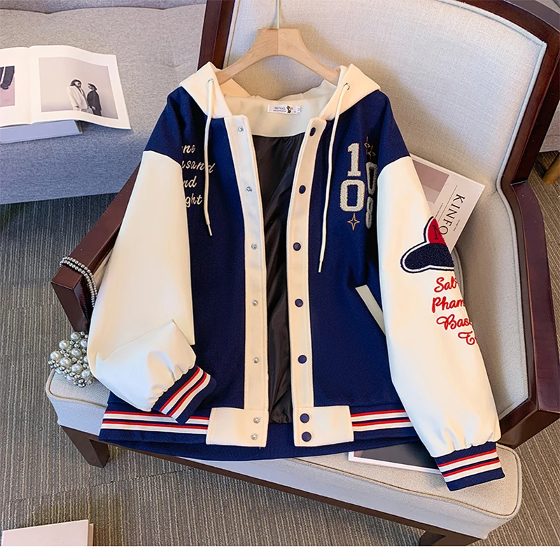 

ITOOLIN Women's Initial High School Student Sweatshirt New Style Color Blocking Baseball Cap Hooded Casual Top