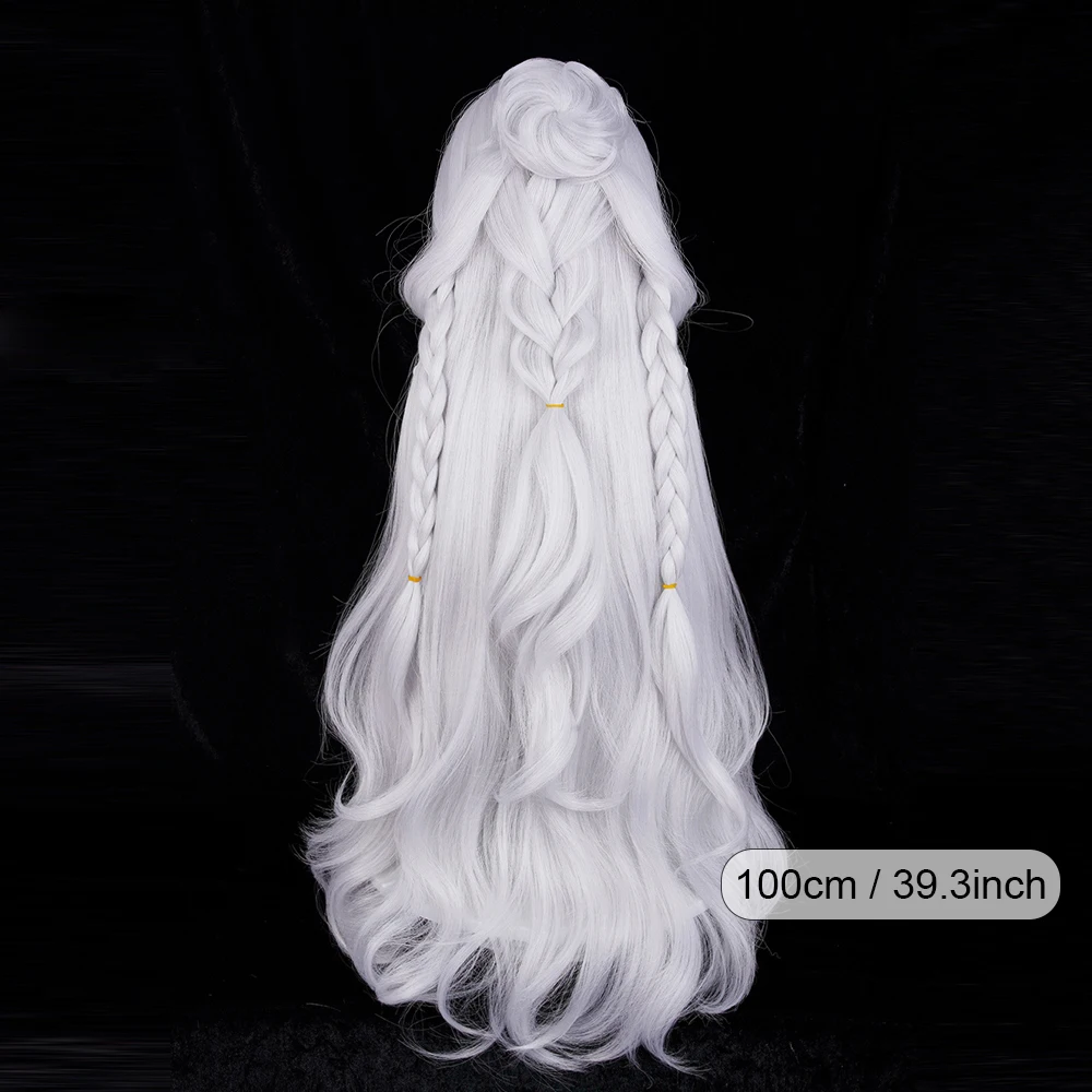 Long Straight Synthetic White Blonde Highlights Wigs with Bangs Anime Game Cosplay Fluffy Wig Heat Resistant for Daily Party