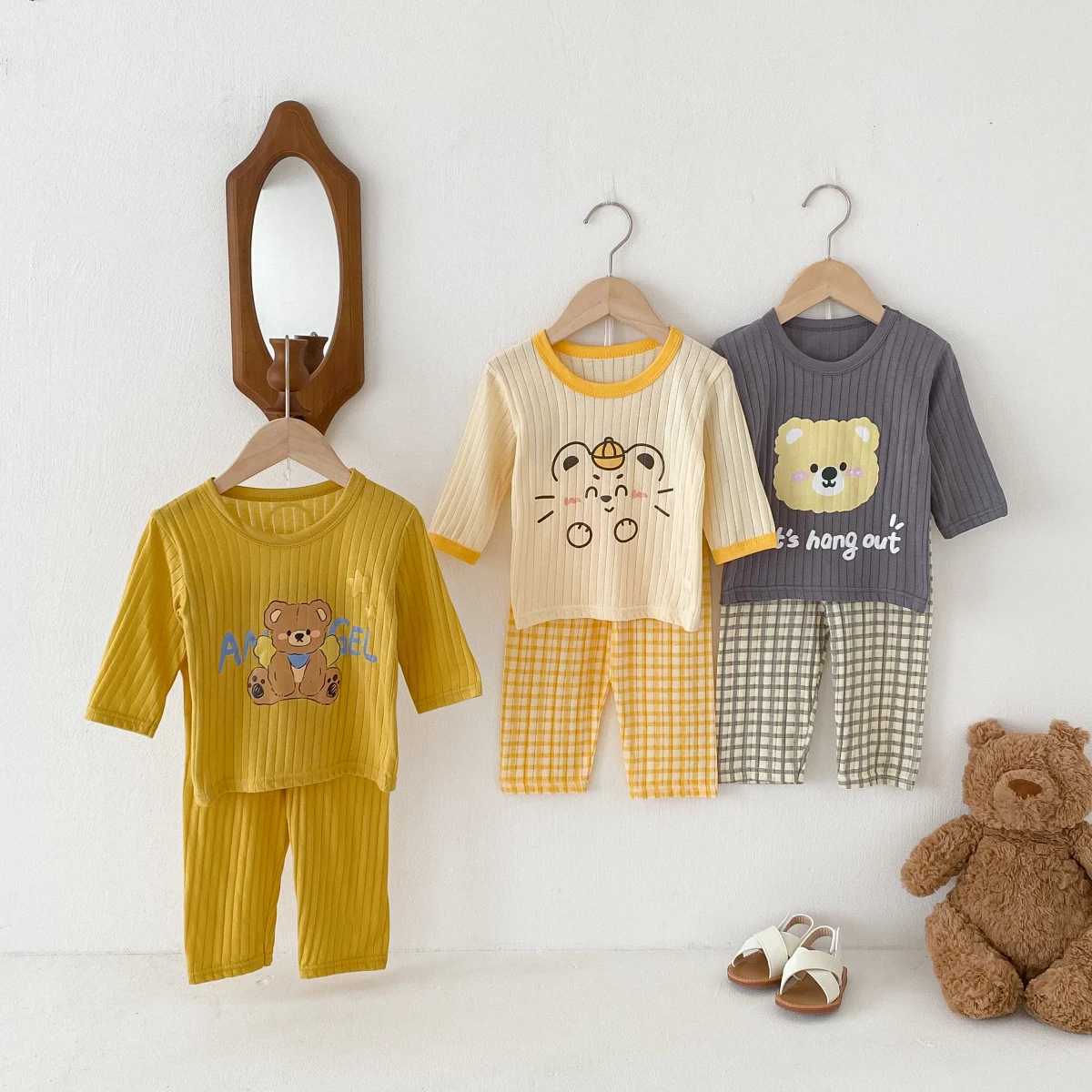 2023 Spring Kids Baby Homewear Set: Cute Cartoon Pure Cotton Long Sleeve Top + Pants, Children's Underwear Pajamas 2pcs 0-10Y