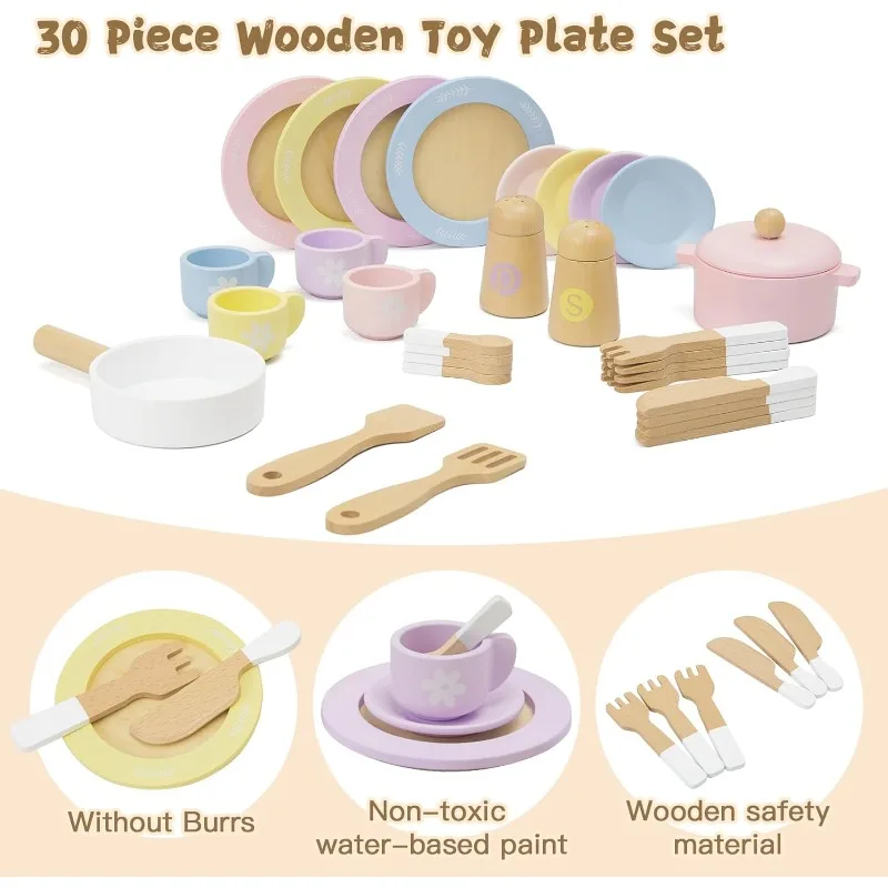 30 PCS Wooden Toy Plates and Dishes for Kids Play Kitchen Accessories Set Pretend Play Food Sets for Children Doll Kitchen