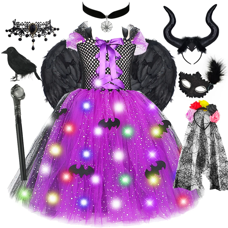 Mädchen böswillig führte Licht Halloween Kostüm Mesh Tutu Fledermaus lila Cosplay Kleider Kind Dämon Königin Hexe Kleidung 2-12y