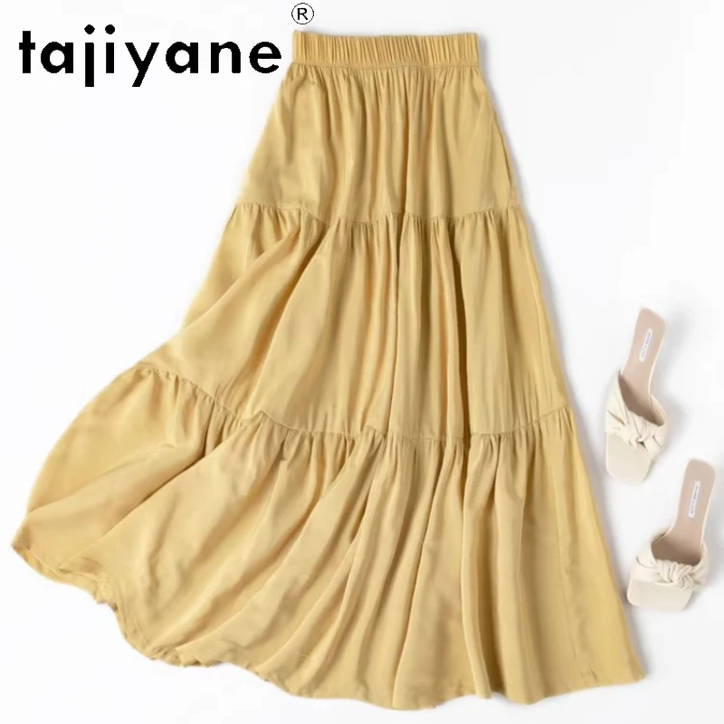 

TAJIYANE Женская юбка из 70% натурального шелка тутового шелкопряда, желтая, длинная, из пряденого шелка, для летнего отдыха, женская одежда 2026