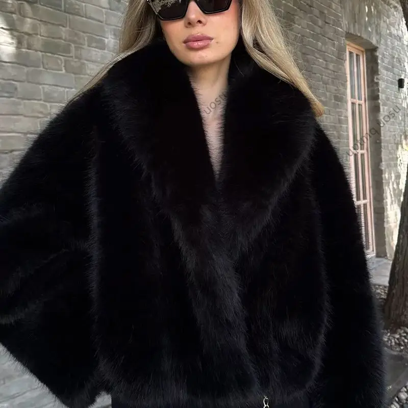 Black Shawl Collar Women Faux Fox Fur Coat Cropped Shaggy Fashion Brand 2024 Winter Warm Fluffy Jacket Iconic Vibe Outfit Cloth