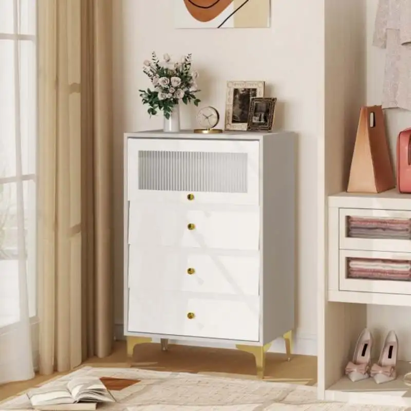Modern Storage Cabinet with Flip Up Fluted Glass Door and Pull-out Drawers-Gray