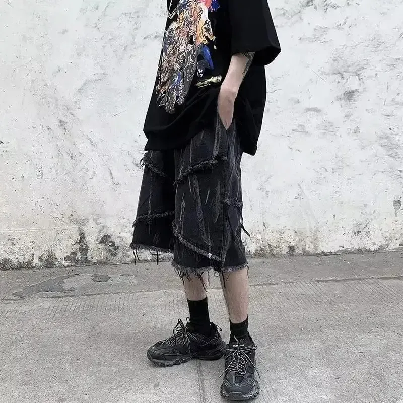 

American raw edge denim men shorts summer oversize casual loose knee-high dark cropped pants streetwear men