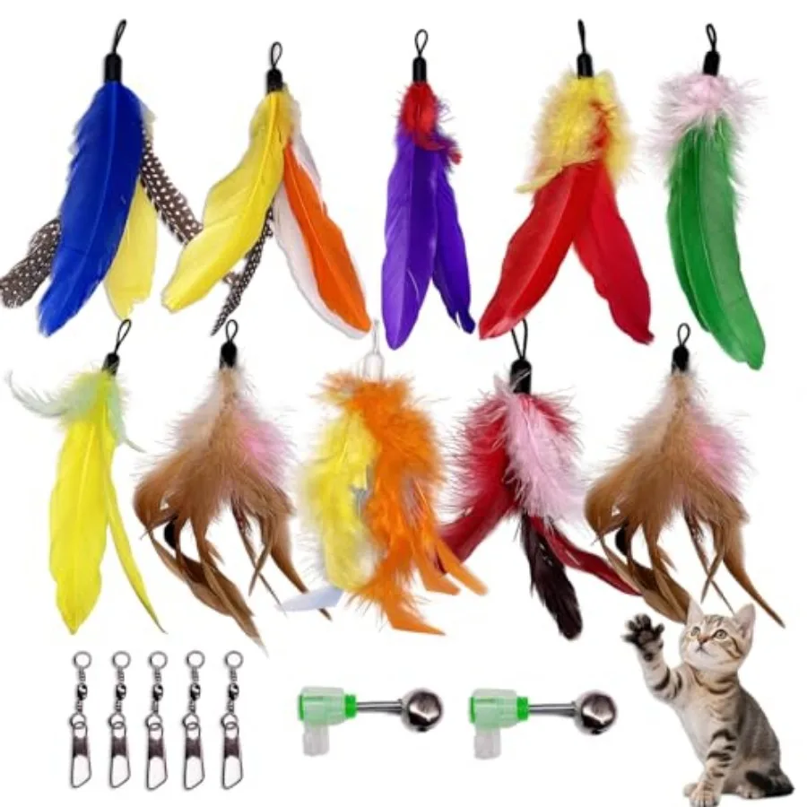 

10 Pieces Cat Feather Toy RefillsCat Wand Replacement Feathers Toys with Clip and Removable Bell Wand Attachment Feather Toys f