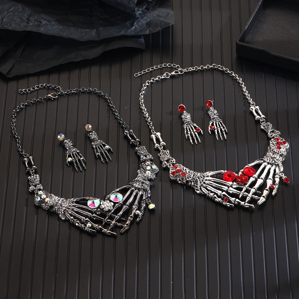 New Halloween Jewelry Sets Gothic Punk Rhinestones Bone Ghost Hand Necklace And Earrings For Women Easter Accessories