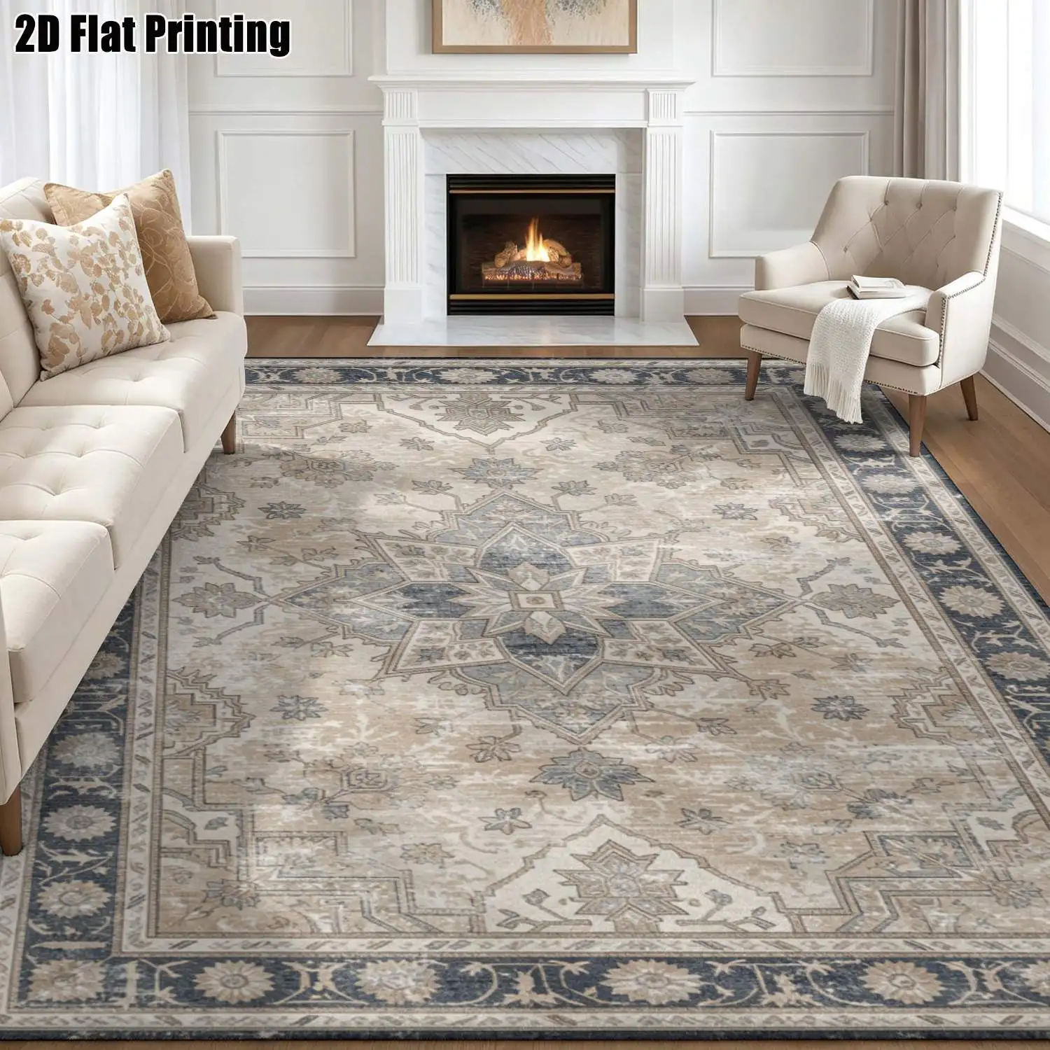 1Pc 2D Printed Carpet: Blue-Grey Retro Geometric Patterns, European/Vintage/Bohemian Style, Home Decor Floor Mat, Multi-Size, Machine Washable, Ideal for Entrance, Living Room, Bedroom, Dining Room, Foyer