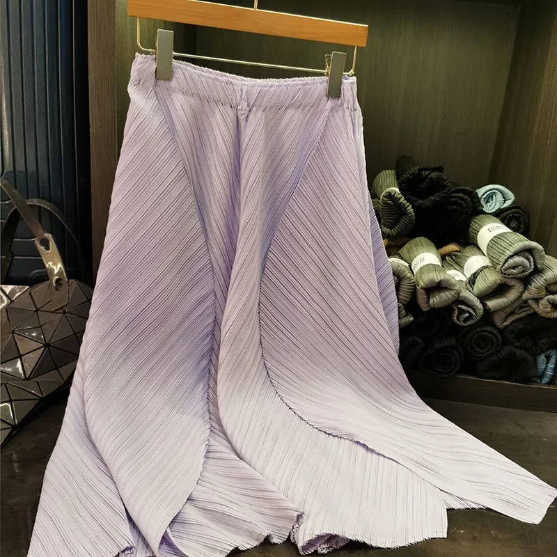 

New Miyake Pleated Summer Skirt Women Fashion Asymmetrical Ruffle Solid Color Elastic Waist Midi Party Skirts Elegant Jupe