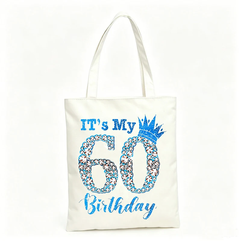 Women's canvas tote bag with crown and number print, ideal for birthday celebrations and casual outings
